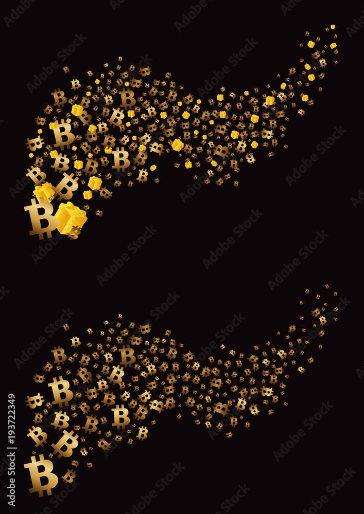 Golden flying bitcoins and gifts on a black background. Vector illustration Golden flying bitcoins and gifts on a black background. Vector illustration