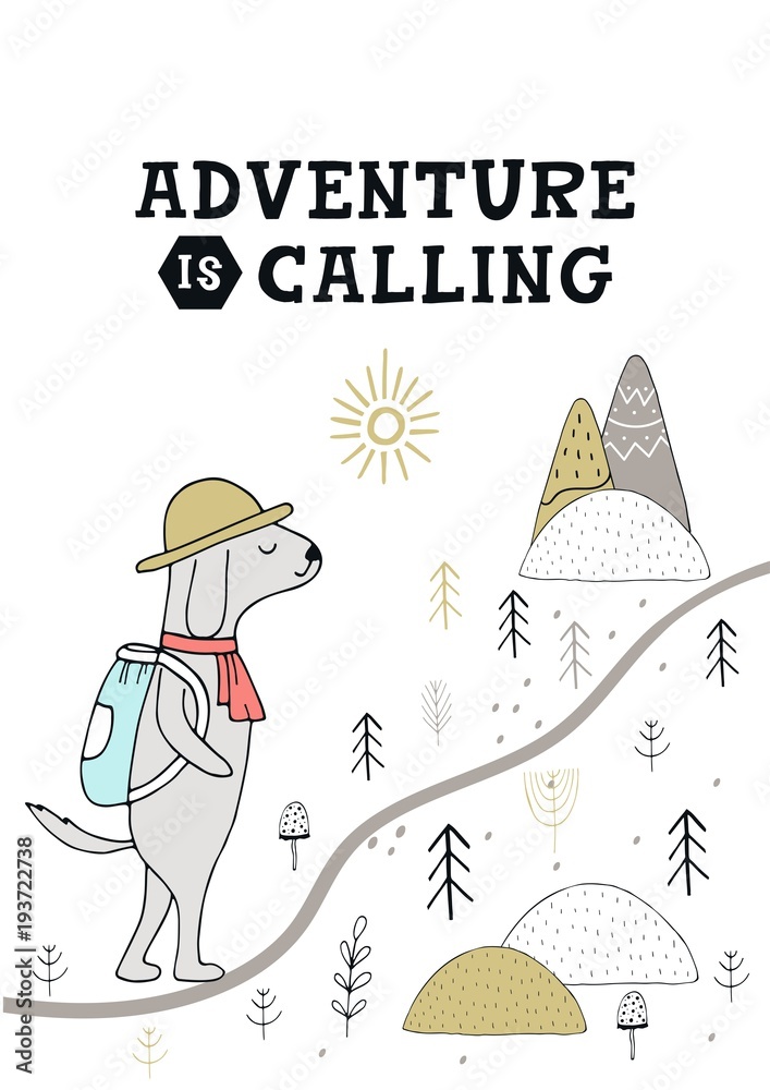 Adventure is calling - Cute hand drawn nursery poster with animal and lettering in scandinavian style.