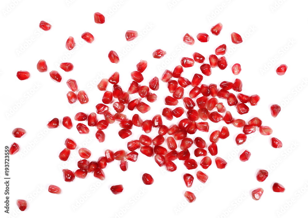 Pomegranate seeds isolated on white background, top view Pomegranate seeds isolated on white background, top view