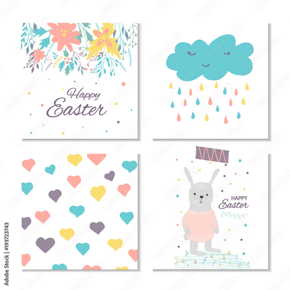 Collection of 4 Easter card, banner background, template with beautiful spring flowers, leaves, hearts, dots and rabbit, bunny. Collection of 4 Easter card, banner background, template with beautiful spring flowers, leaves, hearts, dots and rabbit, bunny.