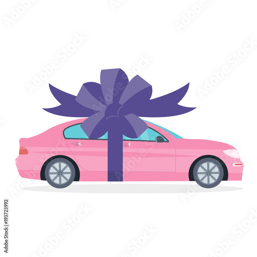 Poster with red machine and ribbon. Car gift concept or presentation of  auto for sale, rent,. Flat vector illustration.