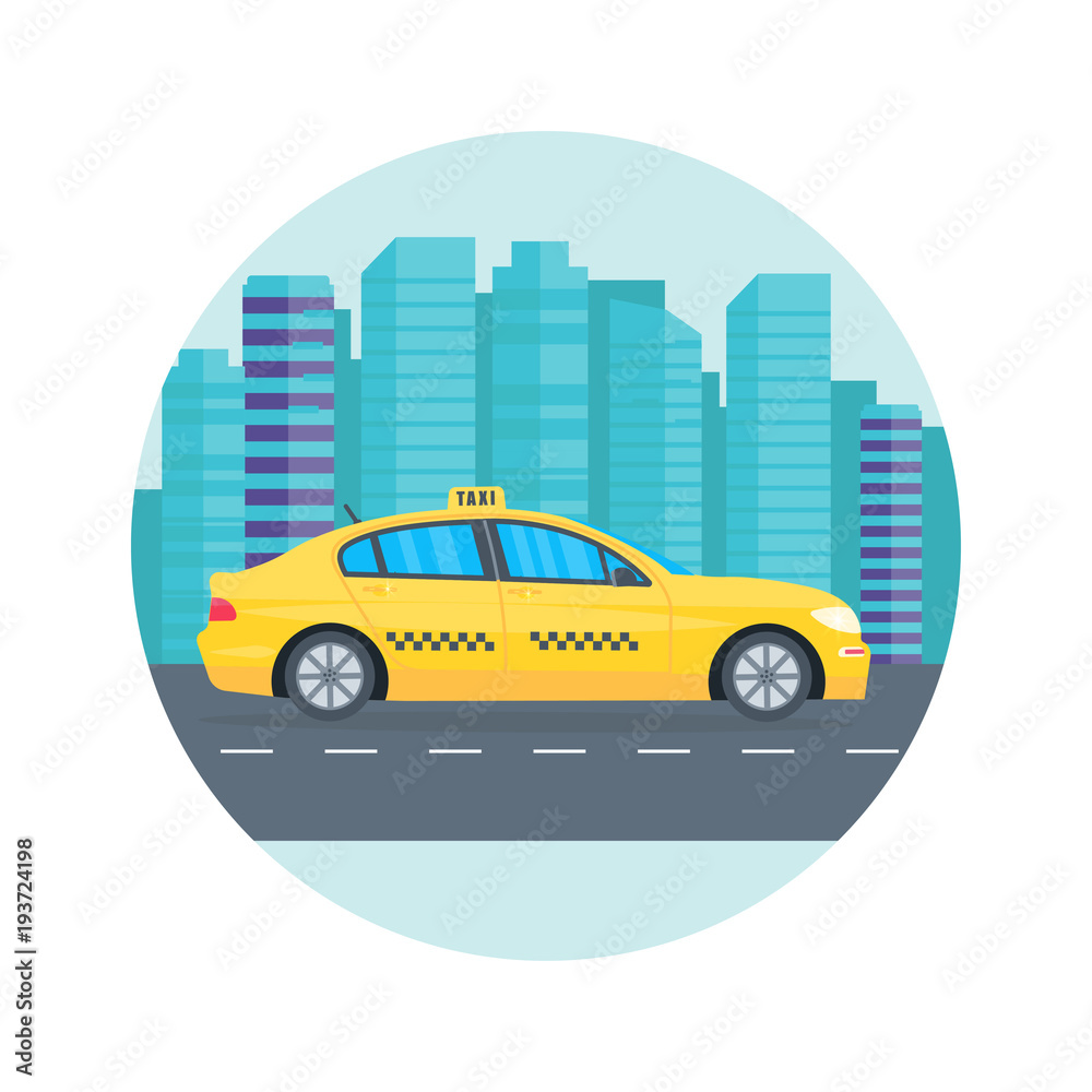 Poster with the machine yellow cab in the city. Public taxi service concept. Cityscape on the background Poster with the machine yellow cab in the city. Public taxi service concept. Cityscape on the background