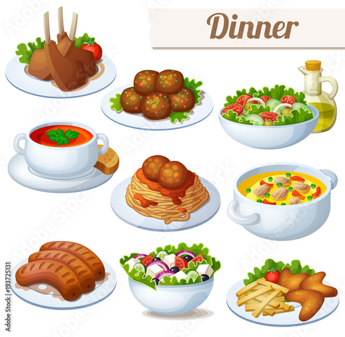 Set of food icons isolated on white background. Dinner