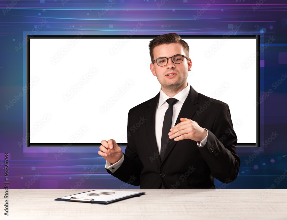 Television program host with big copy screen in his back Television program host with big copy screen in his back