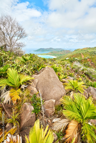 Beautiful view on Anse Lazio tropical beach from Chenard Mountain near Morne Grand fond  Praslin  Seychelles