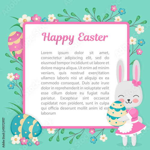 The image of the rabbit is looking from behind a square frame with openwork edges. Vector illustration for the Easter holiday. Emblem with flowers and place for text.