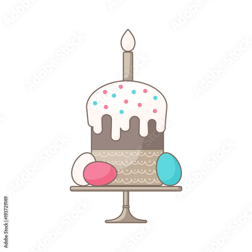 Vector illustration. Easter image of Easter cake with a candle and colorful eggs on a stand. Modern fashionable Flat style.