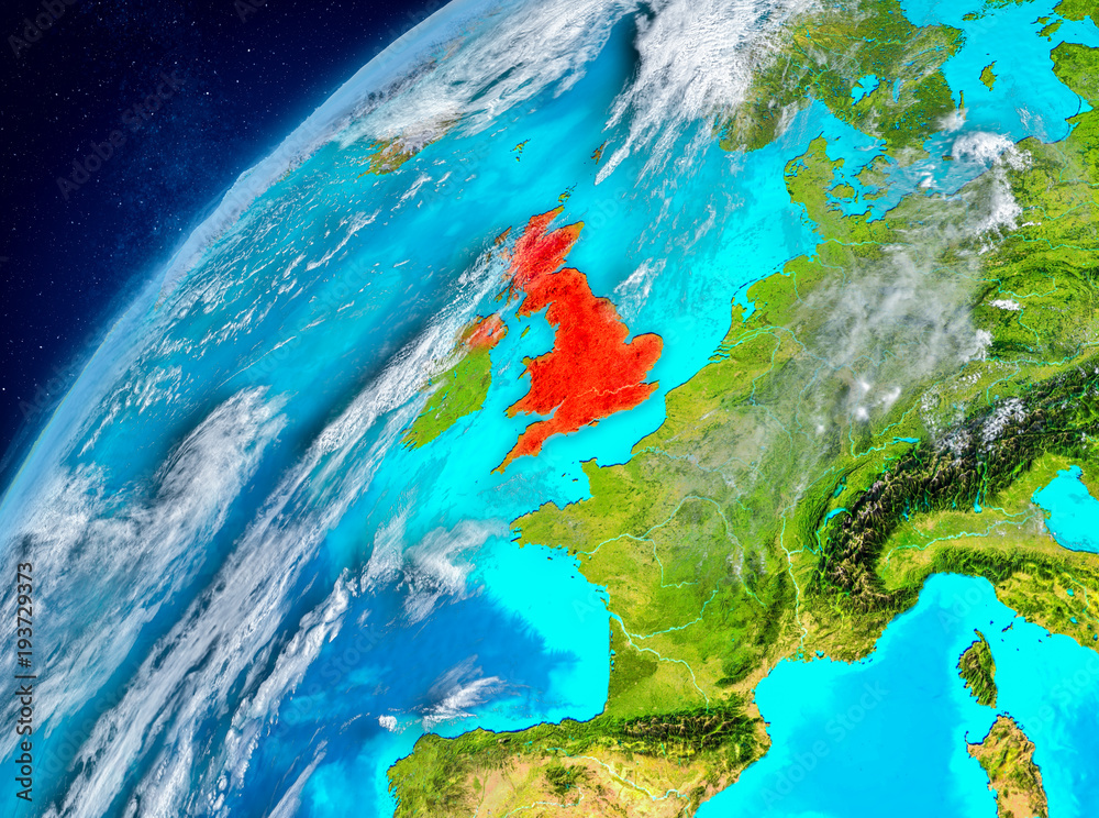 Space view of United Kingdom in red