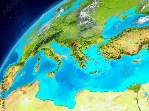Space view of Kosovo in red