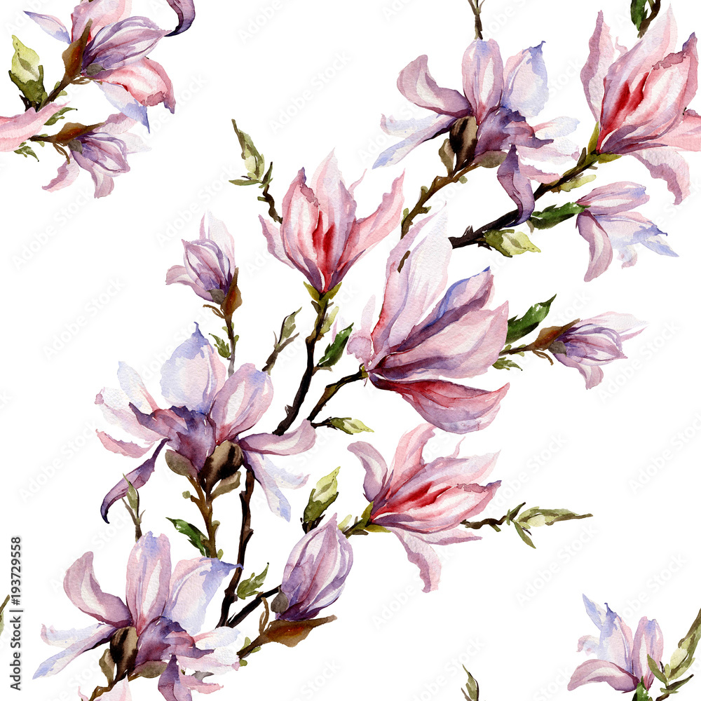 Pink magnolia flowers on a twig on white background. Seamless floral pattern. Diagonal arrangement. Watercolor painting.
