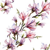 Pink magnolia flowers on a twig on white background. Seamless floral pattern. Diagonal arrangement. Watercolor painting.