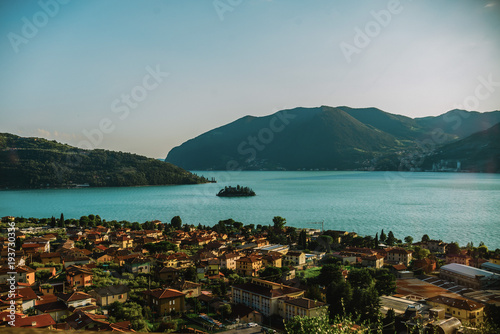 panorama view of Lake Iseo in Lombardy, Italy
