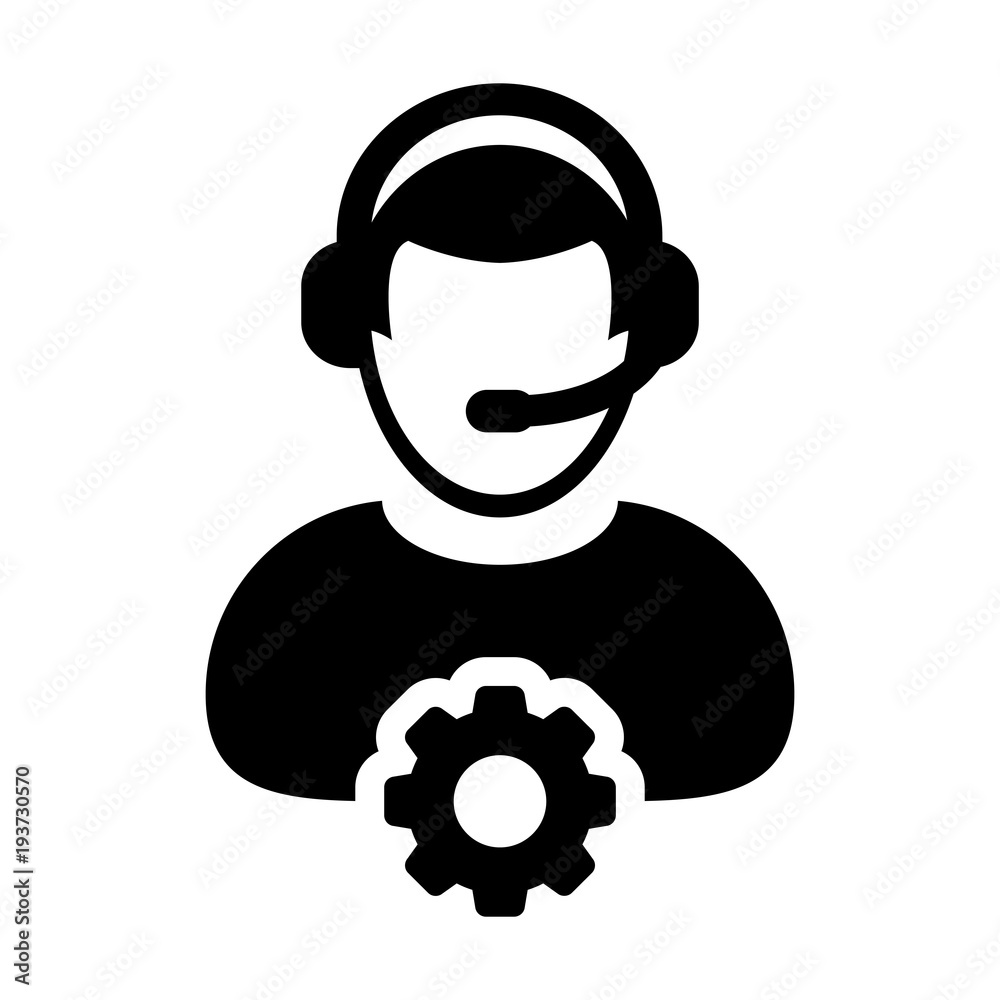 Service Icon Vector Male Operator Person Profile Avatar with Headset and Gear Cog Symbol for Industrial Business Support in Glyph Pictogram illustration Service Icon Vector Male Operator Person Profile Avatar with Headset and Gear Cog Symbol for Industrial Business Support in Glyph Pictogram illustration