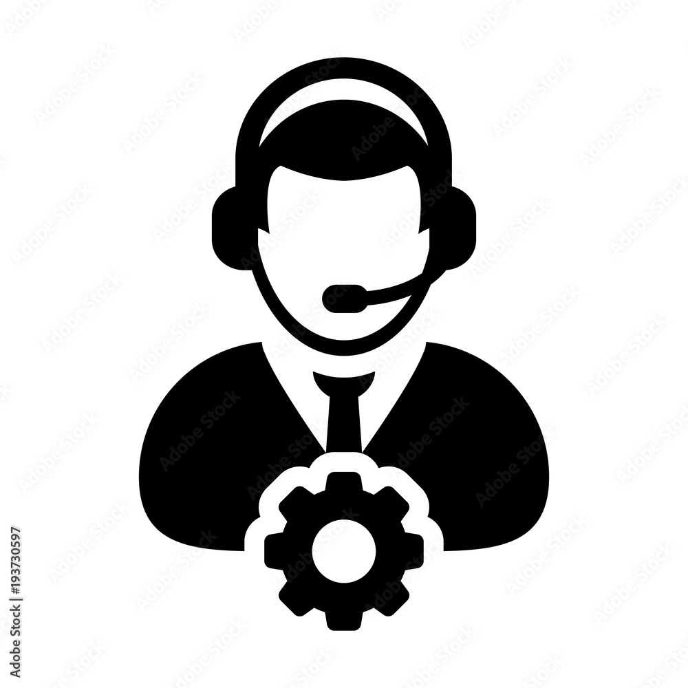 Service Icon Vector Male Operator Person Profile Avatar with Headset and Gear Cog Symbol for Industrial Business Support in Glyph Pictogram illustration