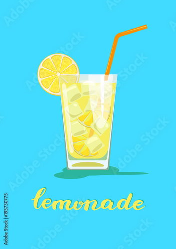 Glass of lemonade. Glass of lemon cocktail with straw on blue background. Vector illustration 