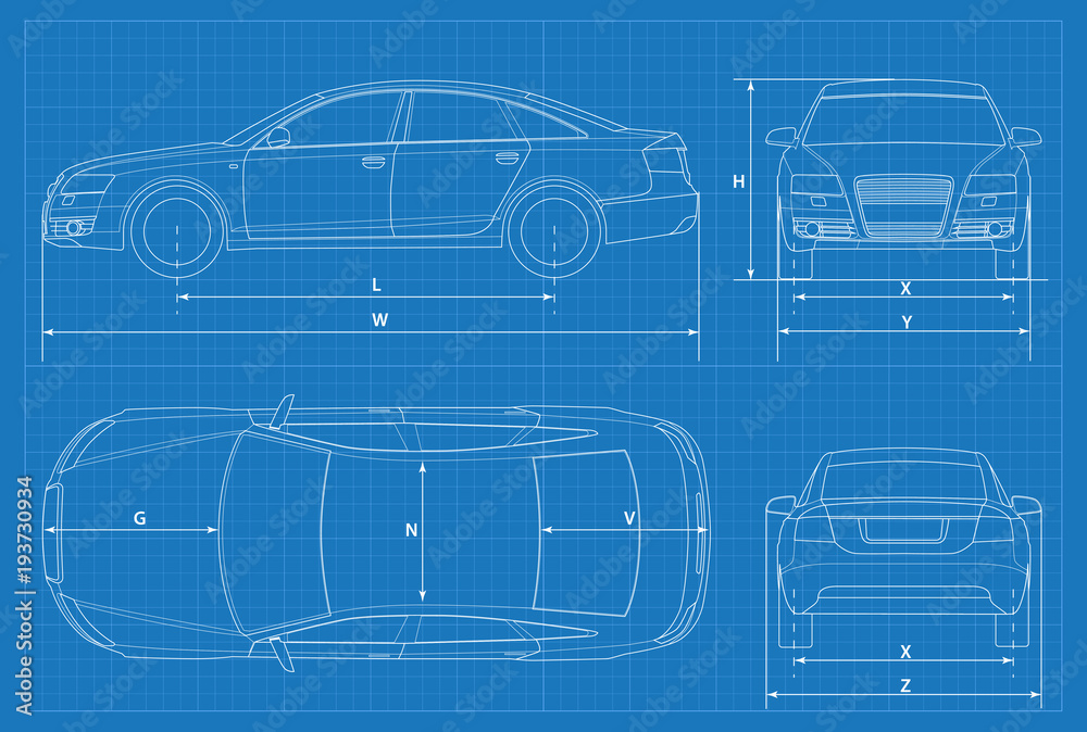 Fototapeta premium Car schematic or car blueprint. Vector illustration. Sedan car in outline. Business sedan vehicle template vector. View front, rear, side, top