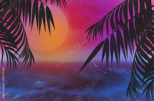 Background palms  sunset  sea  tropical leaves