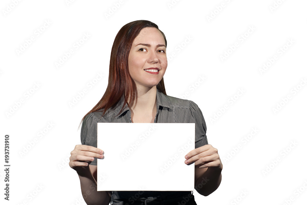 smiling young woman on a white background holds a a white blank banner with copyspace smiling young woman on a white background holds a a white blank banner with copyspace