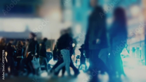 City Pedestrians On Busy Winter Night,cross Street In Slow Motion.
