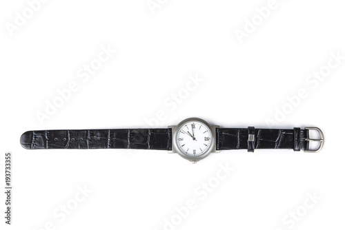 Wrist watch with leather strap on the white
