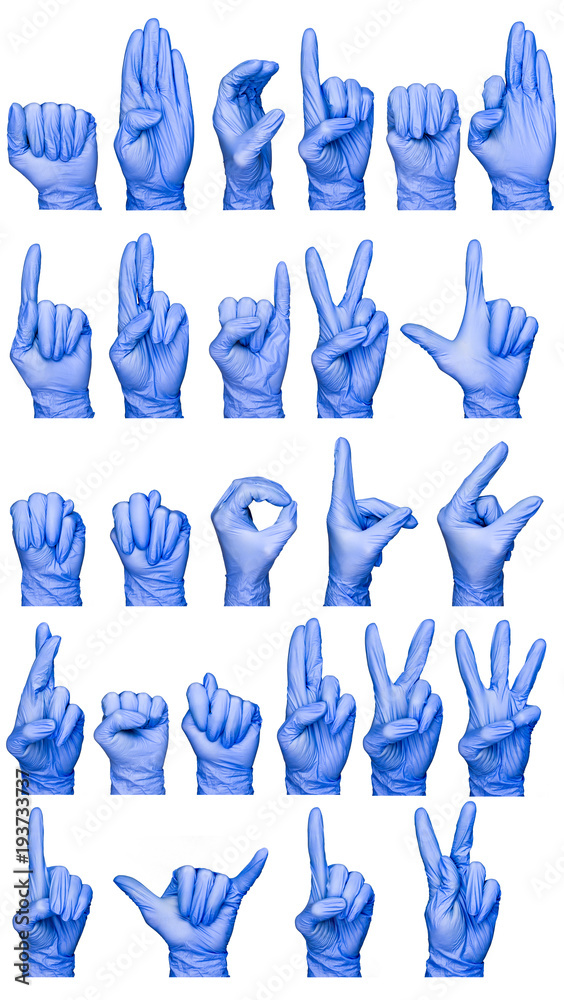 sign language alphabet hands in blue medical gloves isolated, close up, selective focus, white background