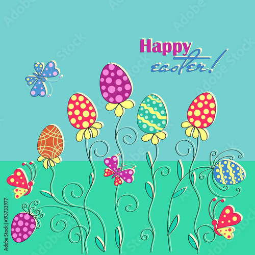 Painted eggs in a floral spring composition. Happy easter. For romantic and Easter design, announcements, greeting cards, posters, advertising.