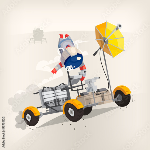 Astranaut in space riding moon rover in weightlessness