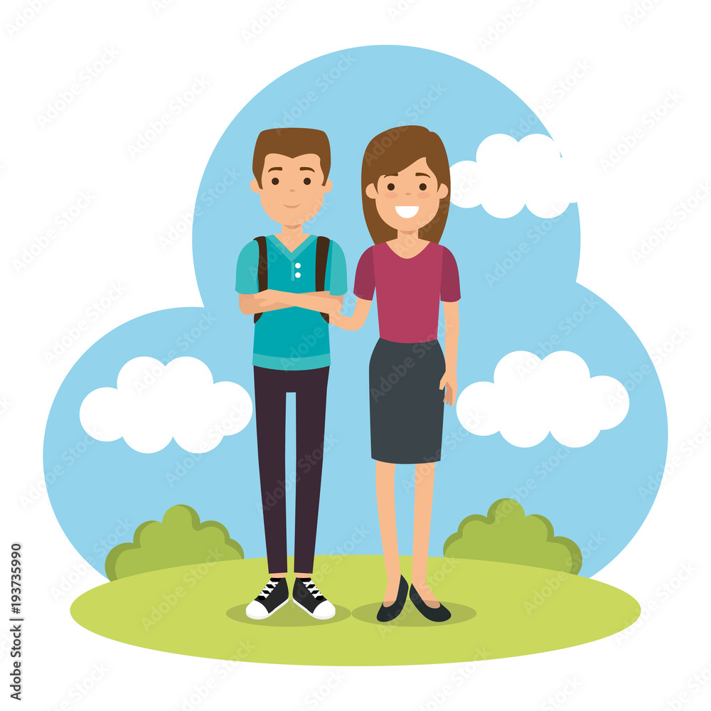 couple in the park characters vector illustration design