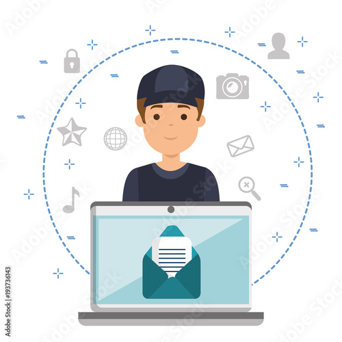 man with social media icons vector illustration design