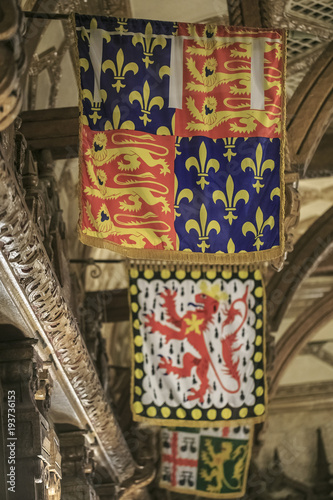 Medieval colored flag in a castle