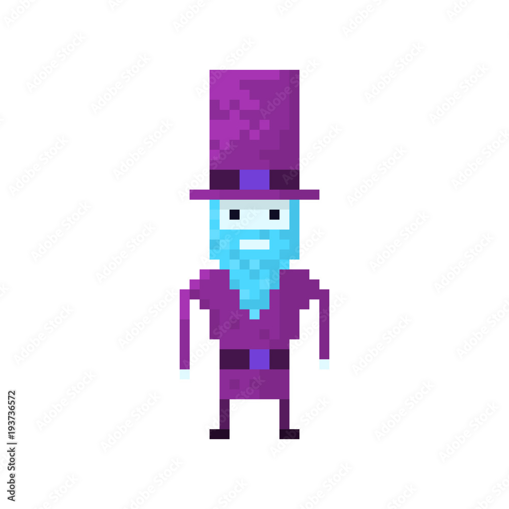 Pixel character man with the beard in top hat for games and websites Pixel character man with the beard in top hat for games and websites
