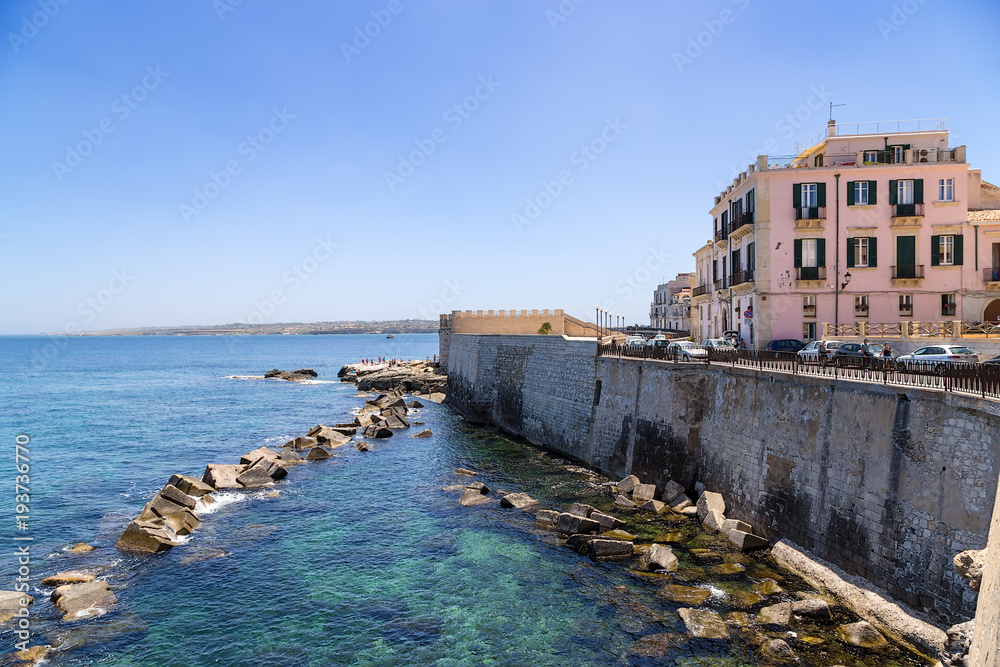 Syracuse, Italy. Embankment on the island of Ortygia and the medieval bastion