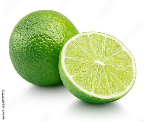Whole green lime citrus fruit with lime half isolated on white background. Limes citrus fruit with clipping path