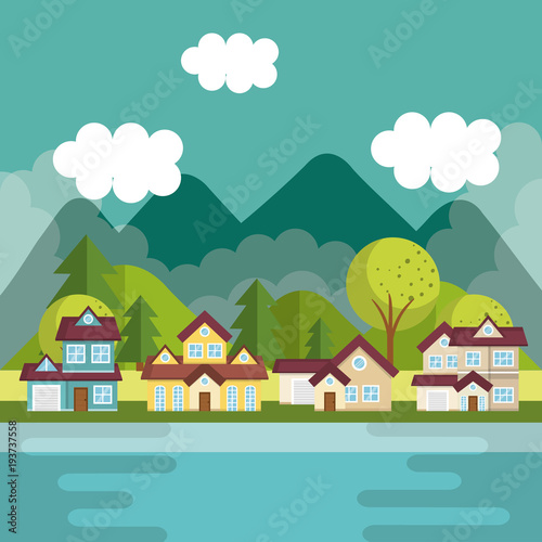 landscape with neighborhood and lake scene vector illustration design