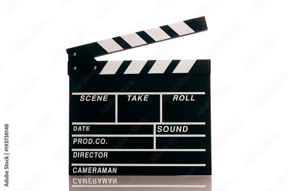 Clapper board isolated on white background with copy space. Movie production clapper board, close-up. Wooden black clapper board front view.