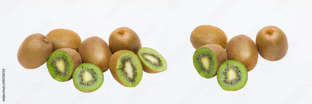 Kiwi on white background. Composition of kiwi on white background. Tropical fruits on a white background. Kiwi on white background. Composition of kiwi on white background. Tropical fruits on a white background.