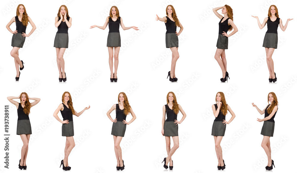 Obraz premium Red hair girl in gray dress isolated on white