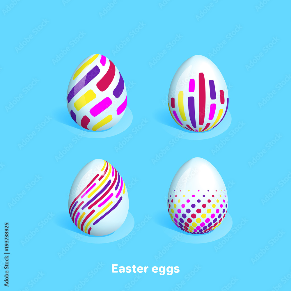 Easter eggs decorated with different color and pattern, isometric image