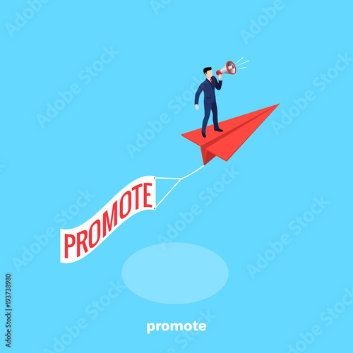 a man in a business suit with a loudspeaker stands on a flying paper airplane, an isometric image