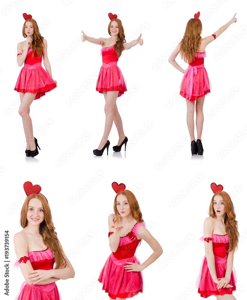 Pretty young model in mini pink dress isolated on white Pretty young model in mini pink dress isolated on white