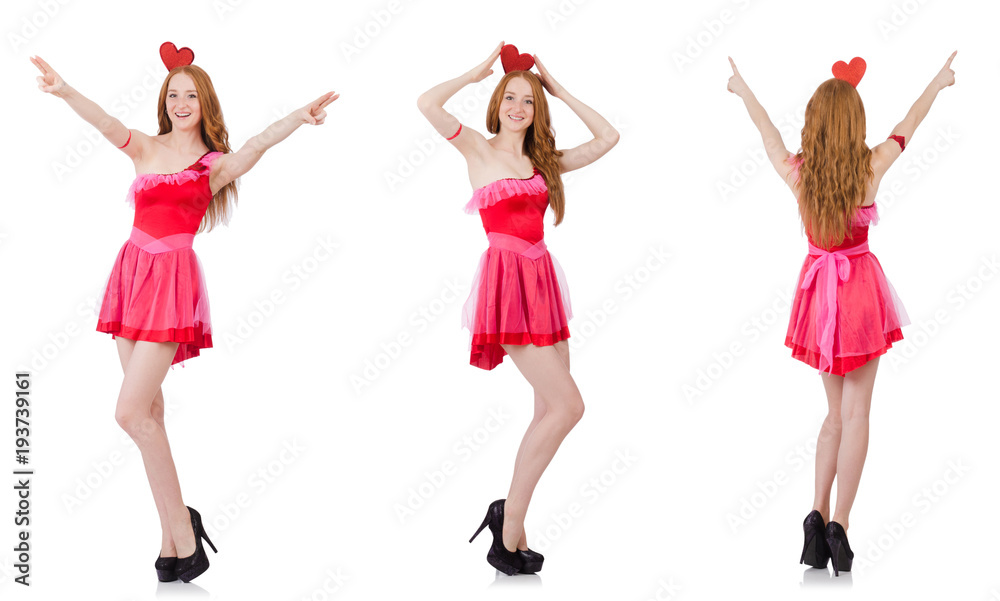 Pretty young model in mini pink dress isolated on white Pretty young model in mini pink dress isolated on white