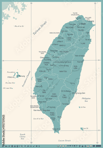 Taiwan Map - Vintage Detailed Vector Illustration