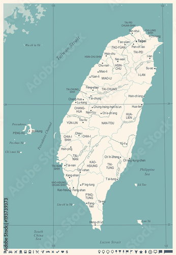 Fototapeta Tajwan mapa - rocznik szczegółowe ilustracji wektorowych