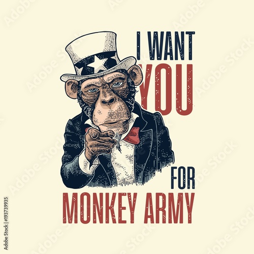 Monkey Uncle Sam with pointing finger at viewer. Vintage engraving