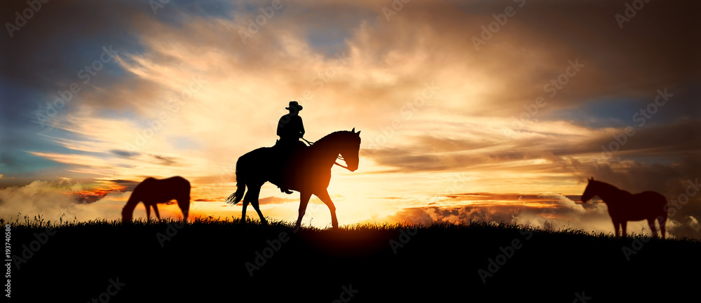 Fototapeta A silhouette of a cowboy and horse at sunset