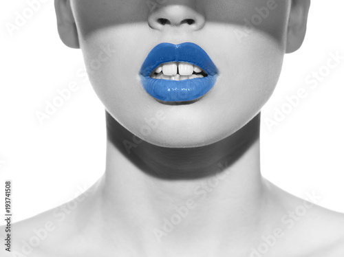 Blue lips on black and white photo