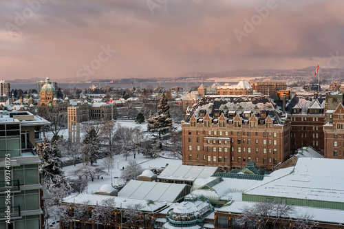 A colorful sunrise starts the day over a cold and snowy Victoria, BC