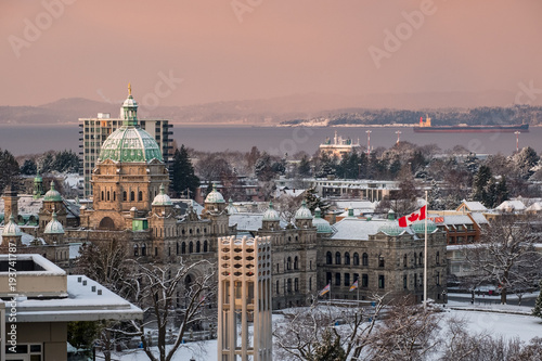 A colorful sunrise starts the day over a cold and snowy Victoria, BC