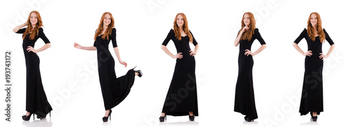 Redhead in black dress isolated on white