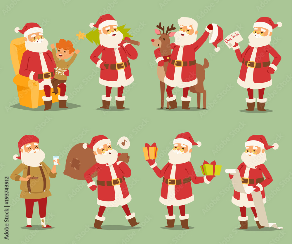 Christmas Santa Claus vector character different poses illustration Xmas man red traditional costume and Santa hat. Funny man Santa Claus traditional Merry Christmas december holiday character